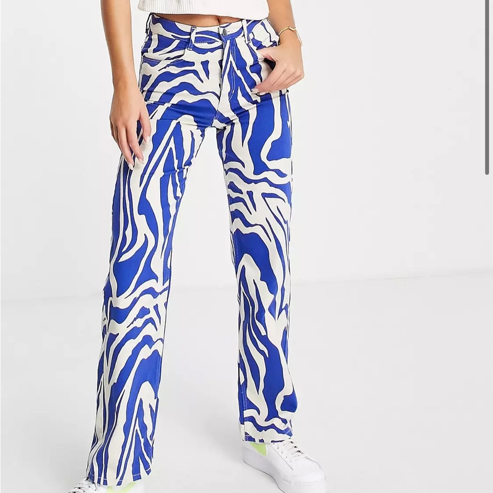 Bright blue and cream zebra pattern cotton pants